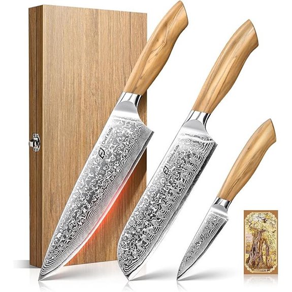 Emojoy Damascus Kitchen Knife Set 3-Piece with Olive Wood